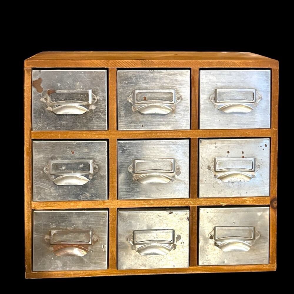 Vintage Apothecary Drawer Box Wood Metal Industrial Storage Cabinet 9 Drawer